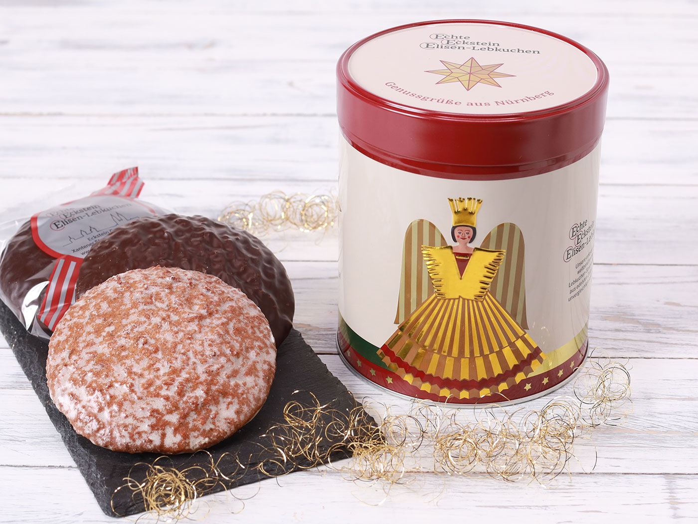 Lebkuchendose „Nürnberger Rauschgoldengel“ – 5 Stück Echte Eckstein Elisen-Lebkuchen gemischt